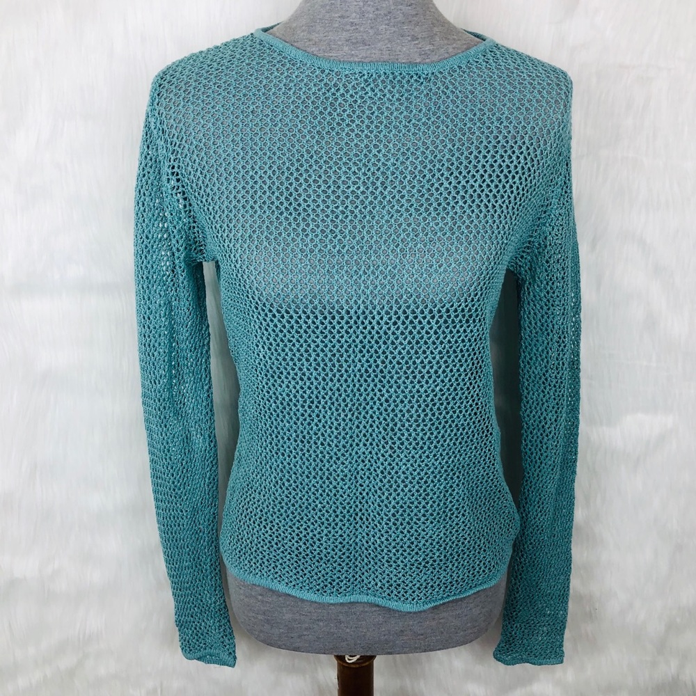 Eileen Fisher Blue Fishnet High Neck Sweater